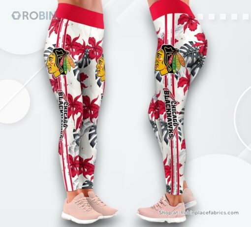 NHL Chicago Blackhawks Flower Leggings For Women, Chicago Blackhawks Gear