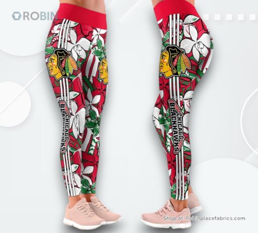 NHL Chicago Blackhawks Summer Flower Pattern High Waisted Leggings For Women, Chicago Blackhawks Team Gifts