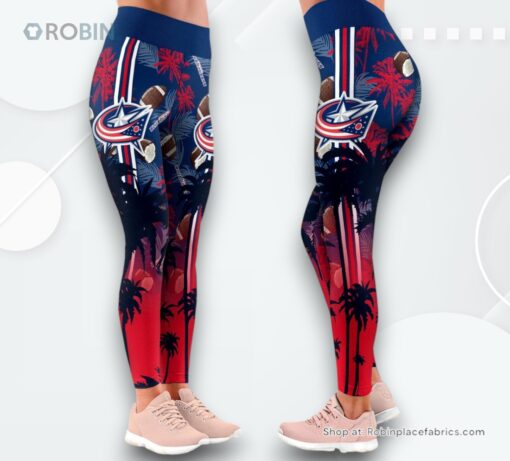 NHL Columbus Blue Jackets Summer Flower High Waisted Leggings For Women, Blue Jackets Gifts for Fans