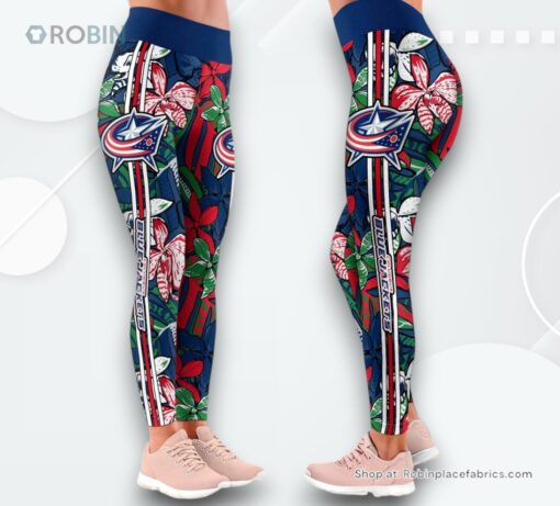 NHL Columbus Blue Jackets Summer Flower Pattern High Waisted Leggings For Women, Columbus Blue Jackets Team Gifts