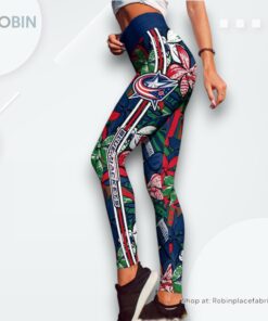 NHL Columbus Blue Jackets Summer Flower Pattern High Waisted Leggings For Women, Columbus Blue Jackets Team Gifts NHL Columbus Blue Jackets Summer Flower Pattern High Waisted Leggings For Women, Columbus Blue Jackets Team Gifts