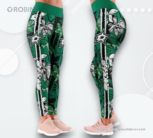 NHL Dallas Stars Summer Flower Pattern High Waisted Leggings For Women, Dallas Stars Merch
