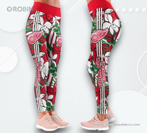 NHL Detroit Red Wings Summer Flower Pattern High Waisted Leggings For Women, Detroit Red Wings Team Gifts