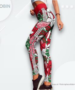 NHL Detroit Red Wings Summer Flower Pattern High Waisted Leggings For Women, Detroit Red Wings Team Gifts