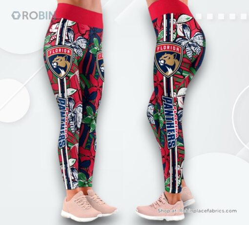 NHL Florida Panthers Summer Flower Pattern High Waisted Leggings For Women, Panthers Unique Gifts