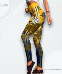 NHL Nashville Predators Summer Flower High Waisted Leggings For Women, Predators Unique Gifts NHL Nashville Predators Summer Flower High Waisted Leggings For Women, Predators Unique Gifts