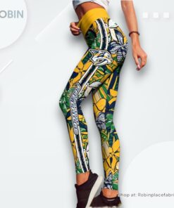 NHL Nashville Predators Summer Flower Pattern High Waisted Leggings For Women, Predators Unique Gifts NHL Nashville Predators Summer Flower Pattern High Waisted Leggings For Women, Predators Unique Gifts