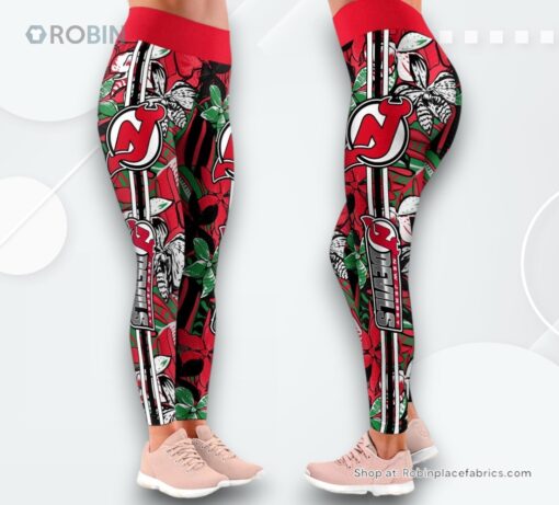 NHL New Jersey Devils Summer Flower Pattern High Waisted Leggings For Women, New Jersey Devils Gifts for Fans
