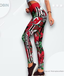 NHL New Jersey Devils Summer Flower Pattern High Waisted Leggings For Women, New Jersey Devils Gifts for Fans NHL New Jersey Devils Summer Flower Pattern High Waisted Leggings For Women, New Jersey Devils Gifts for Fans