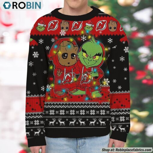 NHL New Jersey Devils Baby Groot And Grinch Best Friends Ugly Christmas Sweatshirt & Sweater