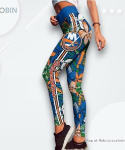 NHL New York Islanders Summer Flower Pattern High Waisted Leggings For Women, Islanders Team Gifts NHL New York Islanders Summer Flower Pattern High Waisted Leggings For Women, Islanders Team Gifts