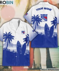 NHL New York Rangers Summer Coconut Tree Pattern Aloha Shirt NHL New York Rangers Summer Coconut Tree Pattern Aloha Shirt