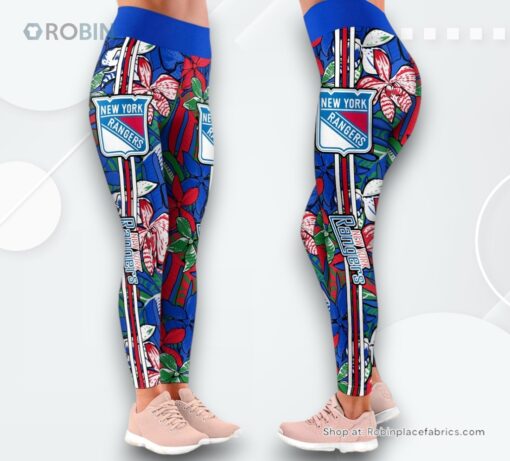 NHL New York Rangers Summer Flower Pattern High Waisted Leggings For Women, New York Rangers Unique Gifts