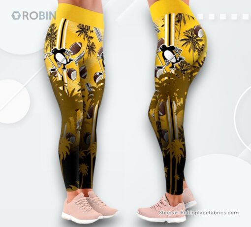 NHL Pittsburgh Penguins Summer Flower High Waisted Leggings For Women, Penguins Gifts