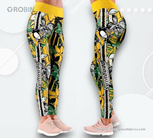 NHL Pittsburgh Penguins Summer Flower Pattern High Waisted Leggings For Women, Penguins Team Gifts