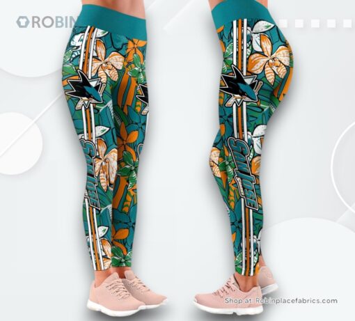 NHL San Jose Sharks Summer Flower Pattern High Waisted Leggings For Women, Sharks Merchandise