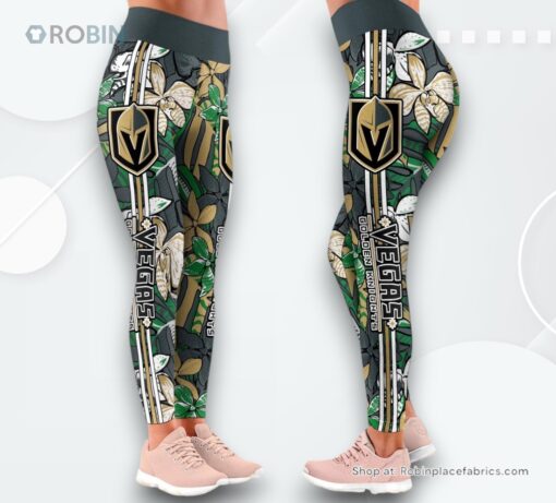 NHL Vegas Golden Knights Summer Flower Pattern High Waisted Leggings For Women, Vegas Golden Knights Unique Gifts