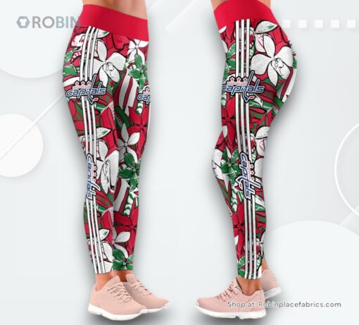 NHL Washington Capitals Summer Flower Pattern High Waisted Leggings For Women, Washington Capitals Unique Gifts