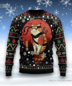 Ninja Cat Ugly Christmas Sweatshirt, Sweater, Funny Christmas Pattern Ugly Christmas Sweatshirt, Sweater, Christmas Gift For Cat Love