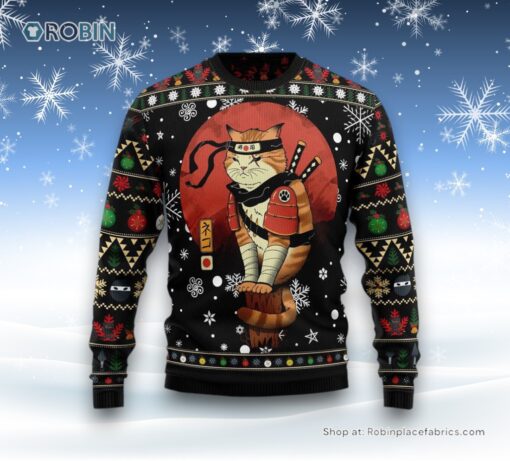 Ninja Cat Ugly Christmas Sweatshirt, Sweater, Funny Christmas Pattern Ugly Christmas Sweatshirt, Sweater, Christmas Gift For Cat Love