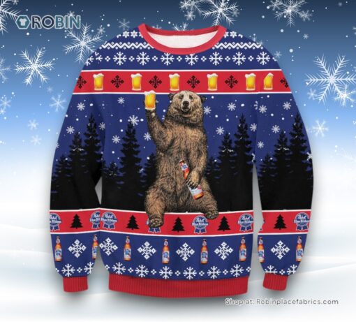 Pabst Blue Ribbon Bear Ugly Sweater and Sweatshirt