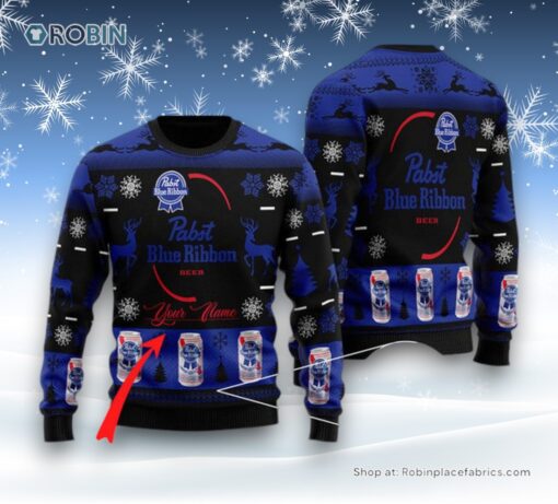 Personalized Black Pabst Blue Ribbon Ugly Sweater and Sweatshirt