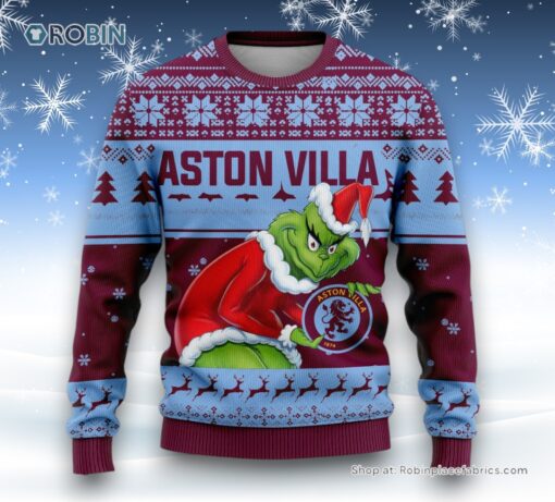 Personalized EPL Aston Villa Grinch Ugly Sweater and Sweatshirt All Over Print For Fan   Limited Edition
