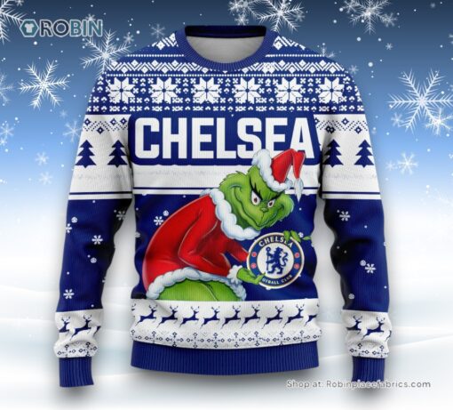 Personalized EPL Chelsea Grinch Ugly Sweater and Sweatshirt All Over Print For Fan   Limited Edition