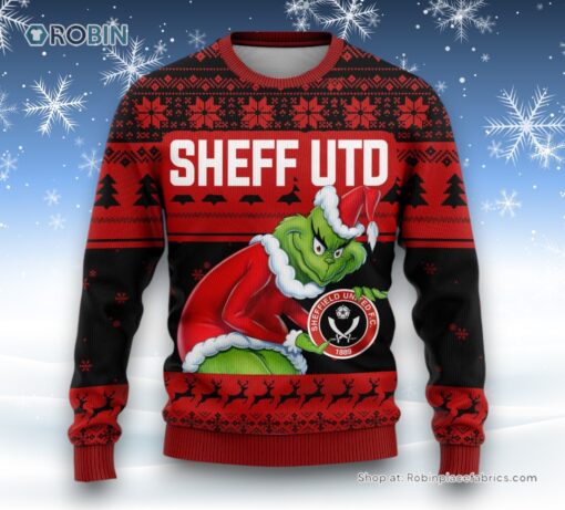 Personalized EPL Sheff UTD Grinch Ugly Sweater and Sweatshirt All Over Print For Fan   Limited Edition