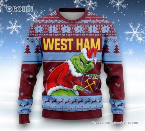 Personalized EPL West Ham Grinch Ugly Sweater and Sweatshirt All Over Print For Fan   Limited Edition