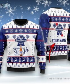 Personalized Pabst Blue Ribbon Makes Me High Christmas Ugly Sweater and Sweatshirt