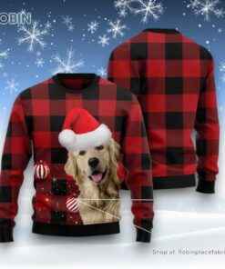 Plaid Pattern Golden Retriever Ugly Christmas Sweater