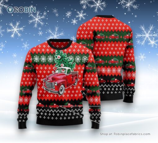 Red Truck Christmas All Over Print Ugly Christmas Sweatshirt, Sweater