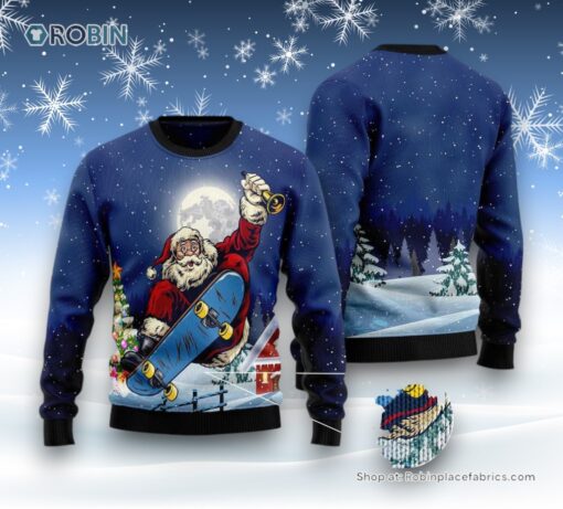 Santa Claus Playing Skateboard Ugly Christmas Sweater