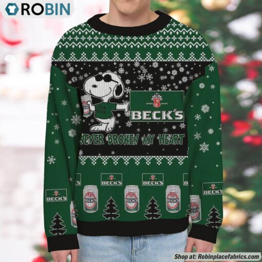 Snoopy Beck’s beer Never Broke My Heart Christmas Ugly Sweatshirt and Sweater