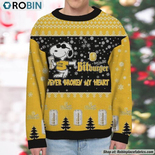 Snoopy Bitburger beer Never Broke My Heart Christmas Ugly Sweatshirt and Sweater