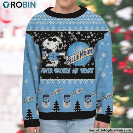 Snoopy Blue Moon Beer Never Broke My Heart Christmas Ugly Sweatshirt and Sweater