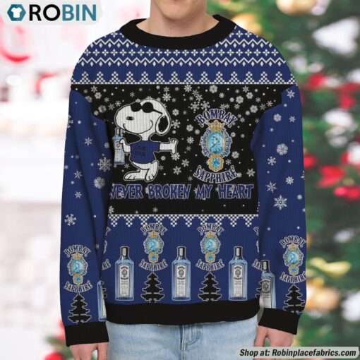 Snoopy Bombay Sapphire Gin Never Broke My Heart Christmas Ugly Sweatshirt and Sweater