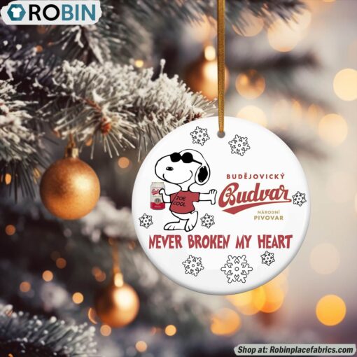 Snoopy Budvar beer Never Broke My Heart Christmas Ornament