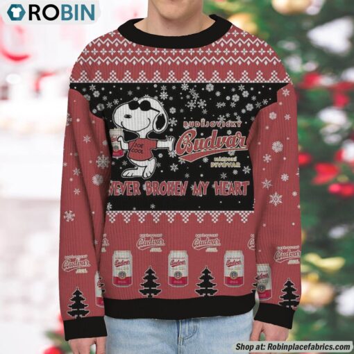 Snoopy Budvar beer Never Broke My Heart Christmas Ugly Sweatshirt and Sweater