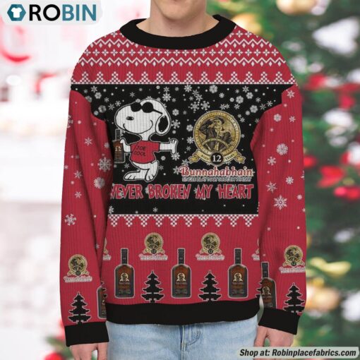 Snoopy Bunnahabhain whisky Never Broke My Heart Christmas Ugly Sweatshirt and Sweater