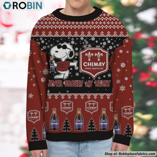 Snoopy Chimay beer Never Broke My Heart Christmas Ugly Sweatshirt and Sweater