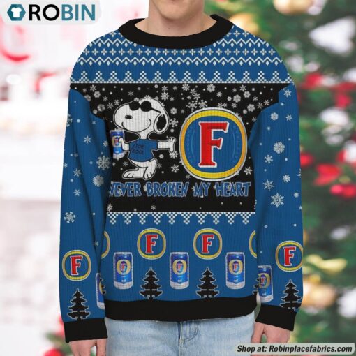 Snoopy Foster’s beer Never Broke My Heart Christmas Ugly Sweatshirt and Sweater