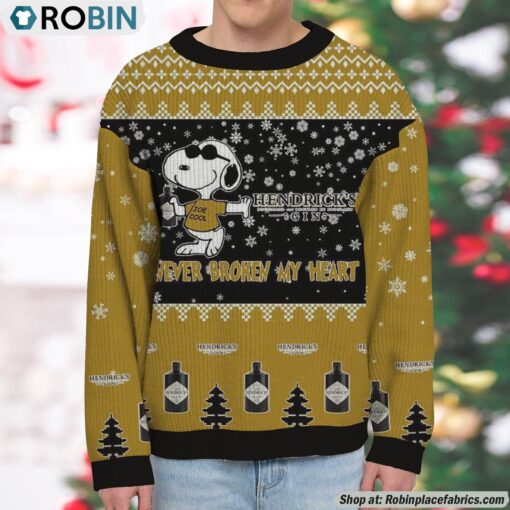 Snoopy Hendrick’s Gin Never Broke My Heart Christmas Ugly Sweatshirt and Sweater