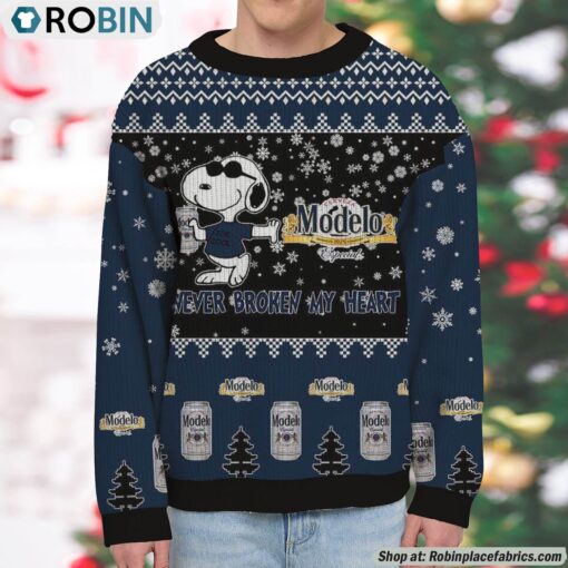 Snoopy Modelo Especial Beer Never Broke My Heart Christmas Ugly Sweatshirt and Sweater