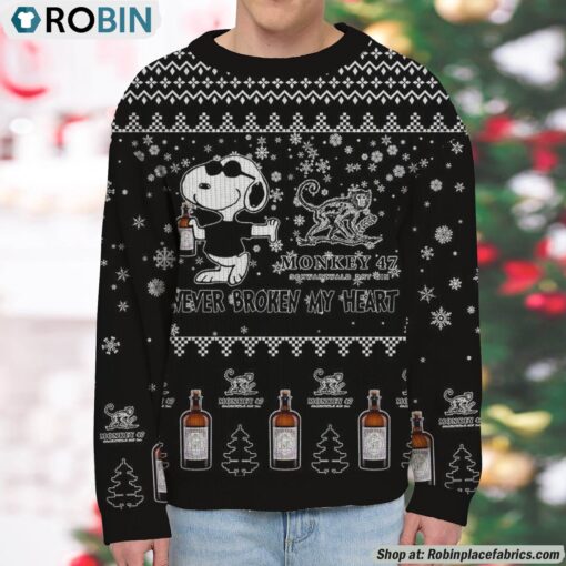 Snoopy Monkey 47 Gin Never Broke My Heart Christmas Ugly Sweatshirt and Sweater