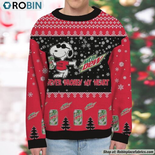 Snoopy Mountain Dew Never Broke My Heart Christmas Ugly Sweatshirt and Sweater