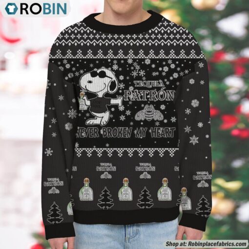 Snoopy Patrón Tequila Never Broke My Heart Christmas Ugly Sweatshirt and Sweater