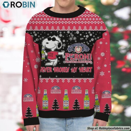 Snoopy Peroni Nastro Azzurro Beer Never Broke My Heart Christmas Ugly Sweatshirt and Sweater