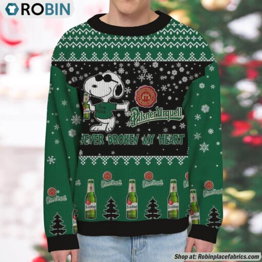 Snoopy Pilsner Urquell beer Never Broke My Heart Christmas Ugly Sweatshirt and Sweater